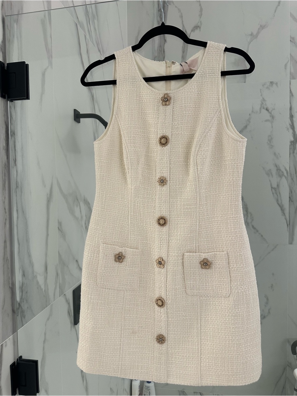 cinq a sept Cream Tweed Mini Dress with Decorative Buttons - Picture 2 of 7